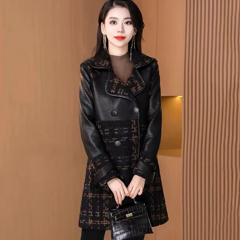 Winter New PU Leather Coat Long Double-Sided Leather Dress Women\'s Splicing Fashion Trench Coat Female Casual Motorcycle Jacket