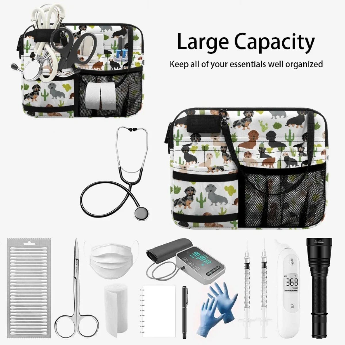 Dachshund Floral Print Nursing Fanny Pack Multi Pocket Waist Organizer Belt with Adjustable Strap Nurse Pouch Portable Bum Bags