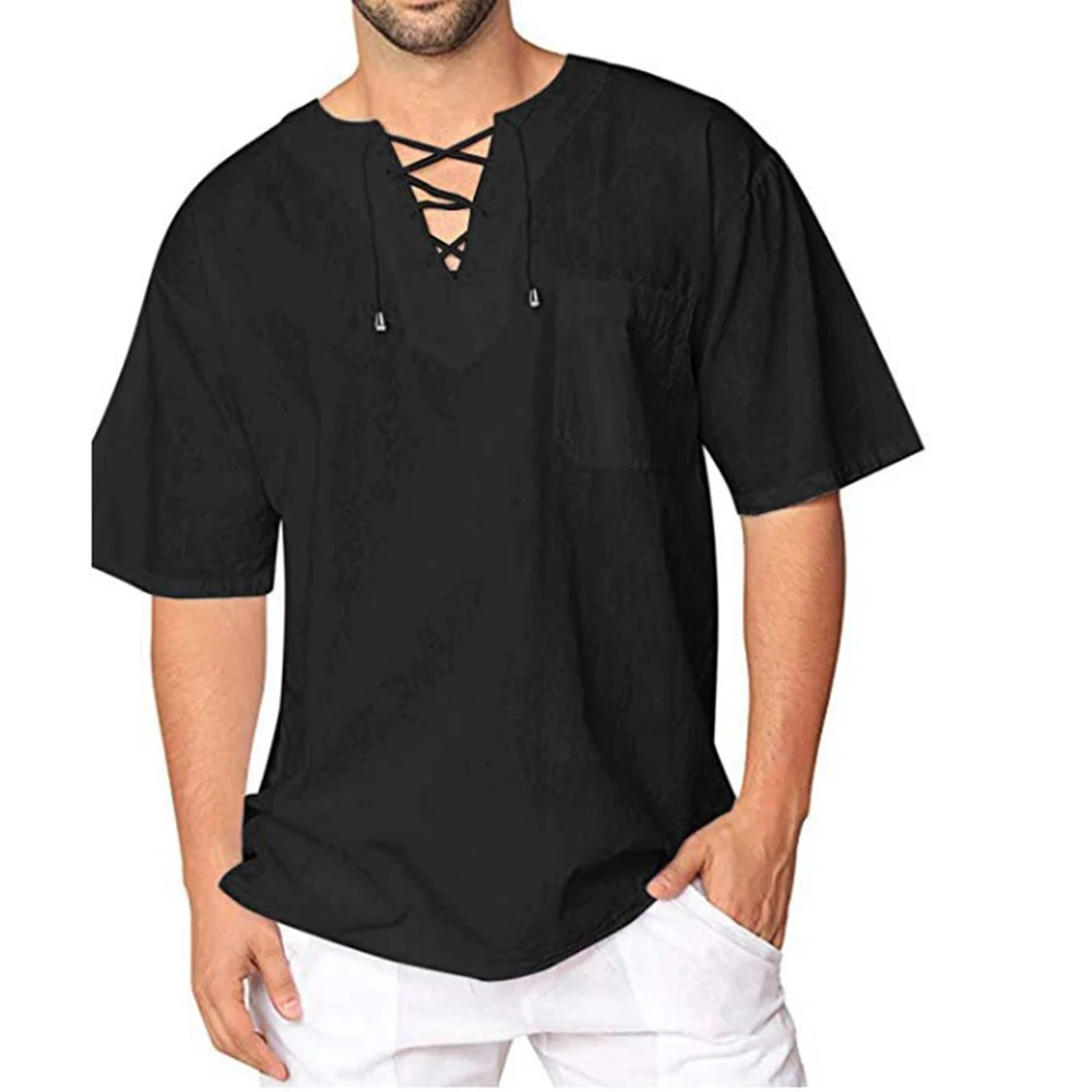 

Men's T-shirt Lace Up V Neck Short Sleeve Casual Loose Retro T-Shirt Tee Tops Shirt Blouse Beach Streetwear Shirt For Men