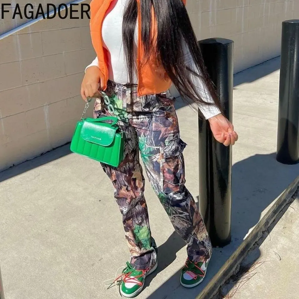

FAGADOER Casual Printing Pocket Cargo Pants Women High Waisted Button Straight Trousers Female Matching Sport Bottoms XS-XL 2023
