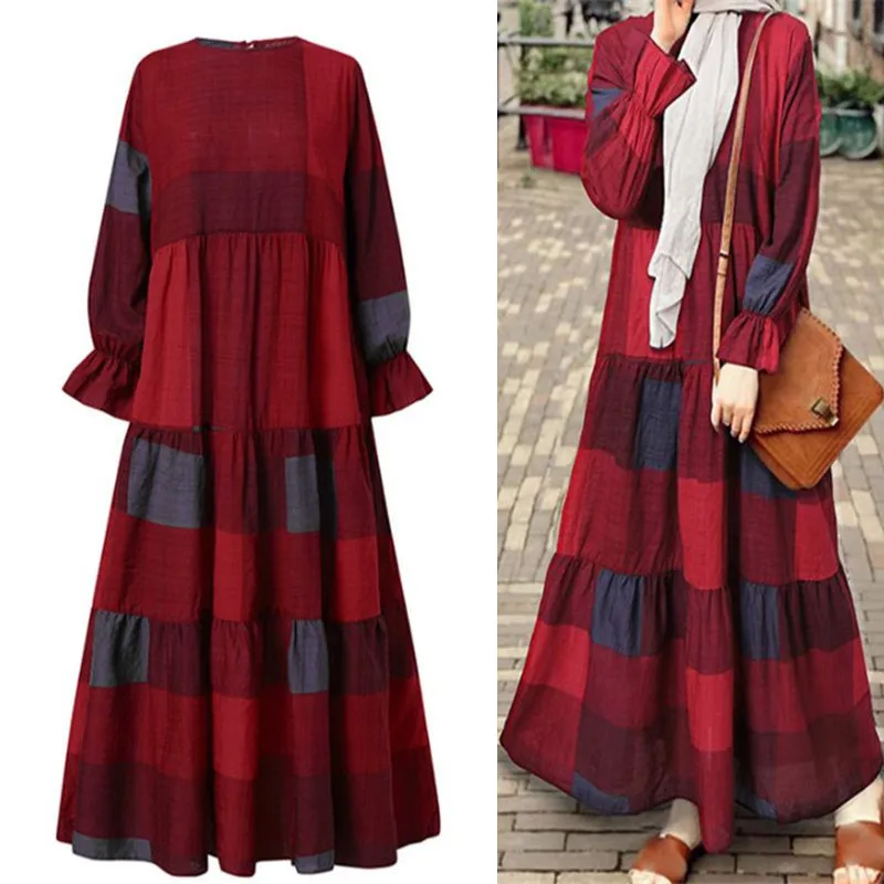 

Fashion Plaid Kaftan Abayas Sundress Women Autumn Ruffle Hem Long Muslim Dress Dubai Abaya Turkey Hijab Dress Vestidos Robe