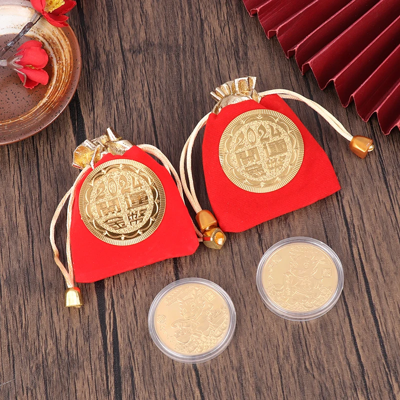 

1PC 2024 Chinese Zodiac Dragon Lucky Commemorative Gold Coin With Storage Bag Collectible Badge Commemorative Coin New Year Gift