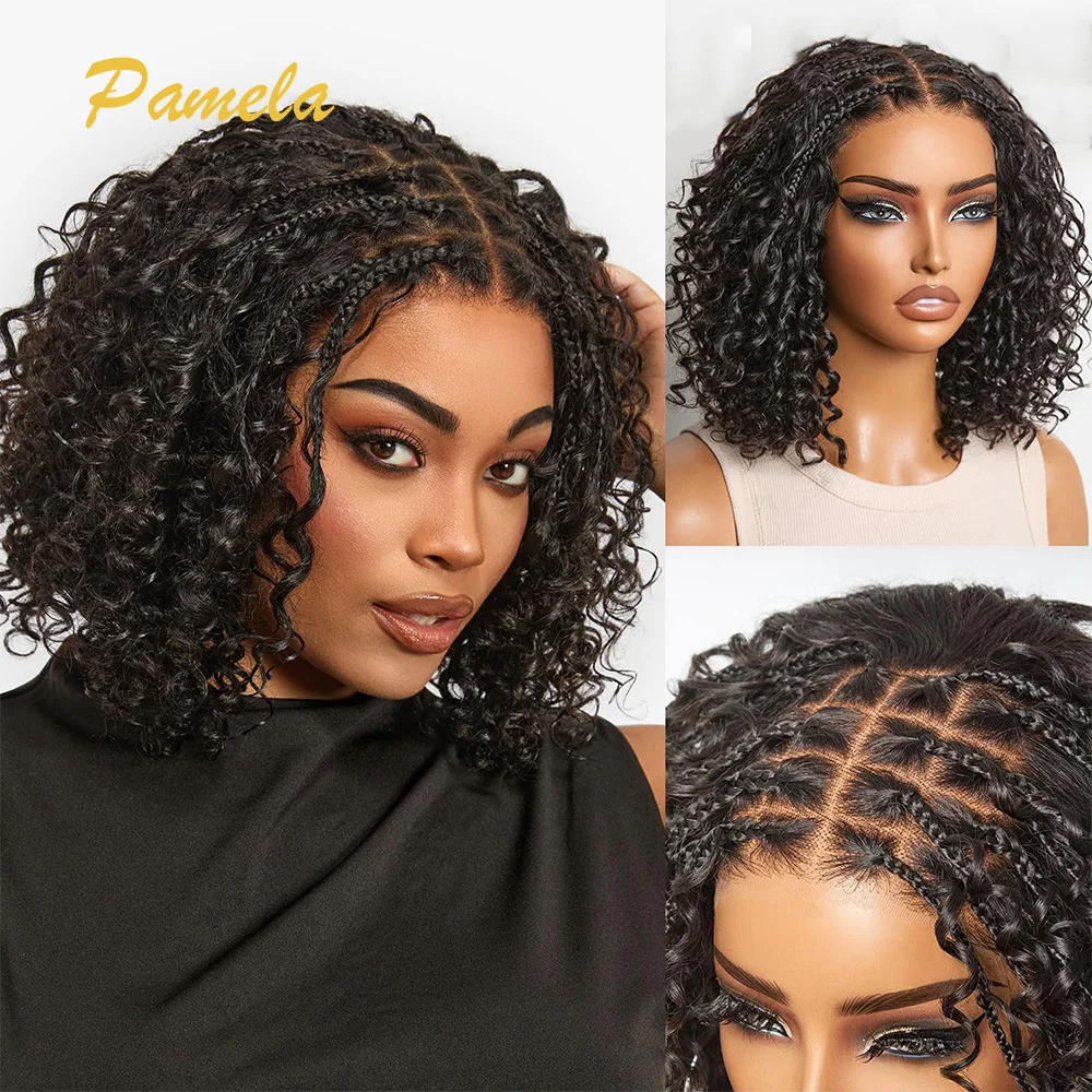 Boho Braided Deep Curly 7x5 Closure Lace with Braided Bob Glueless Wigs Human Hair Curly Deep Wave PrePlucked Bleached Knots Wig