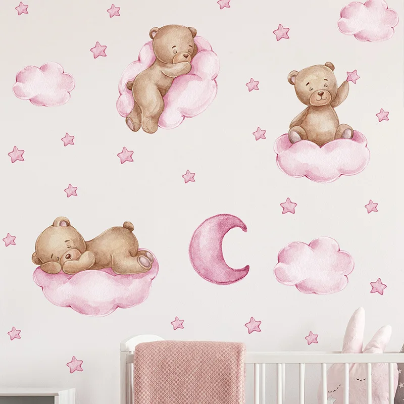 Cartoon Teddy Bear Moon Wall Stickers for Kids Room Baby Nursery Decor Sticker Wallpaper Boy Girls Bedroom Baby Room Wall Decals luminous wall stickers wall stickers vinyl decal stickers