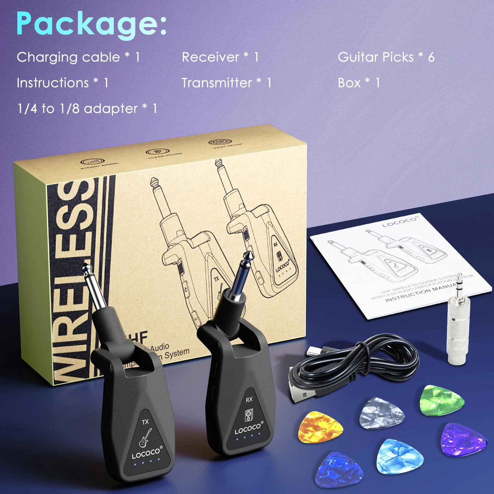 XIAOKOA 무선 기타 시스템, UHF 4 채널 무선 기타 송신기 및 리시버, 일렉트릭 기타 베이스 앰프용
