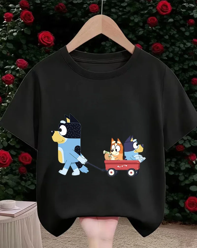 귀여운 카와이 어린이 티셔츠 블루이 인기 프린트 여름 스트리트 스타일 패션 탑 어린이용 3-14세