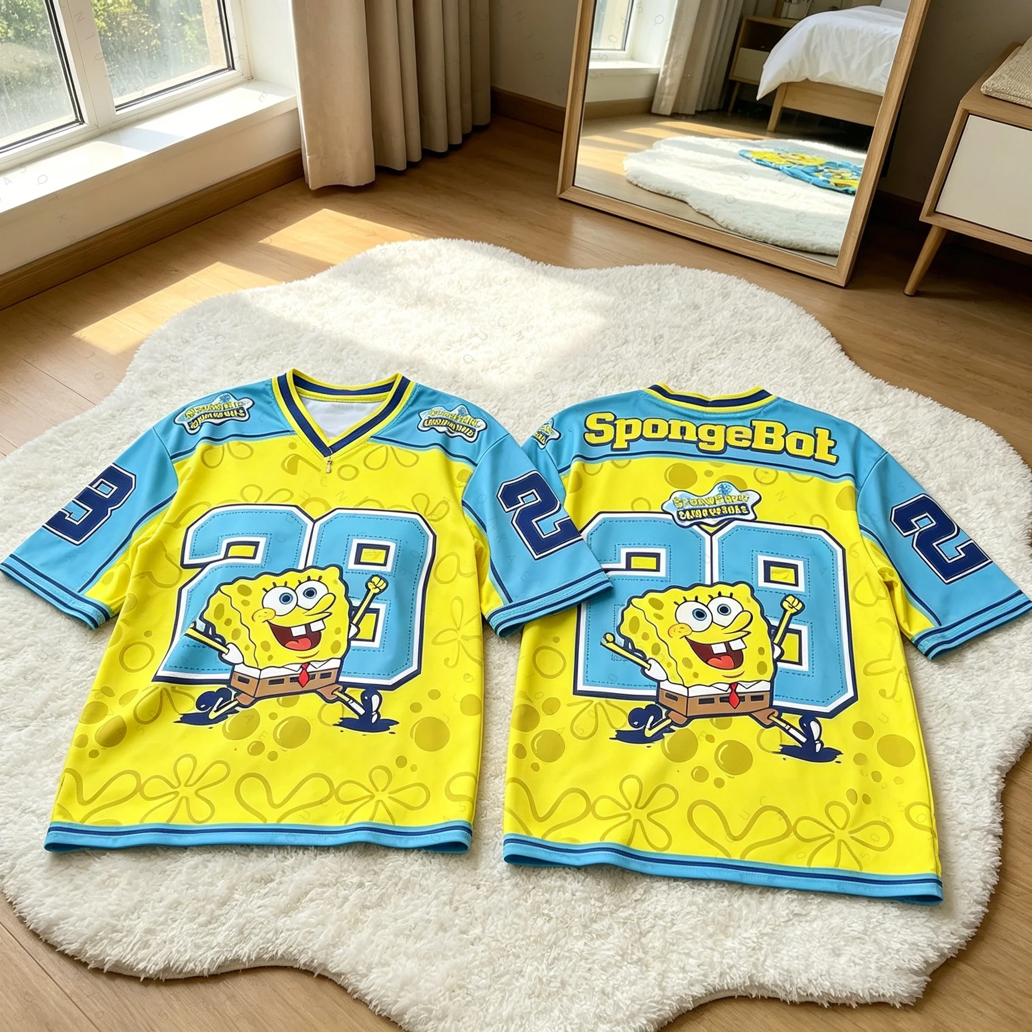 Spongebob Print Loose Oversized T-Shirts für Männer und Frauen, Sommer, V-Ausschnitt, Patchwork, kurzärmelig, Sport-Fußballtrikot, Y2k-Kinderoberteile