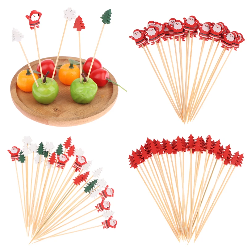 

50Pcs/set Christmas Fruit Sticks Disposable Bamboo Sticks Snowflake Christmas Tree Elk Santa Claus Snowman Sticks Xmas Ornaments