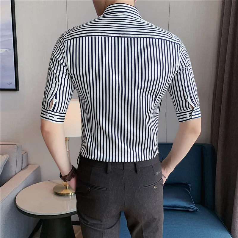 2023 Quality Business Formal Wear Men Striped Shirts Dress Tuxedo Short Sleeve Shirts Simple Slim Fit Casual Chemise Homme S-4XL