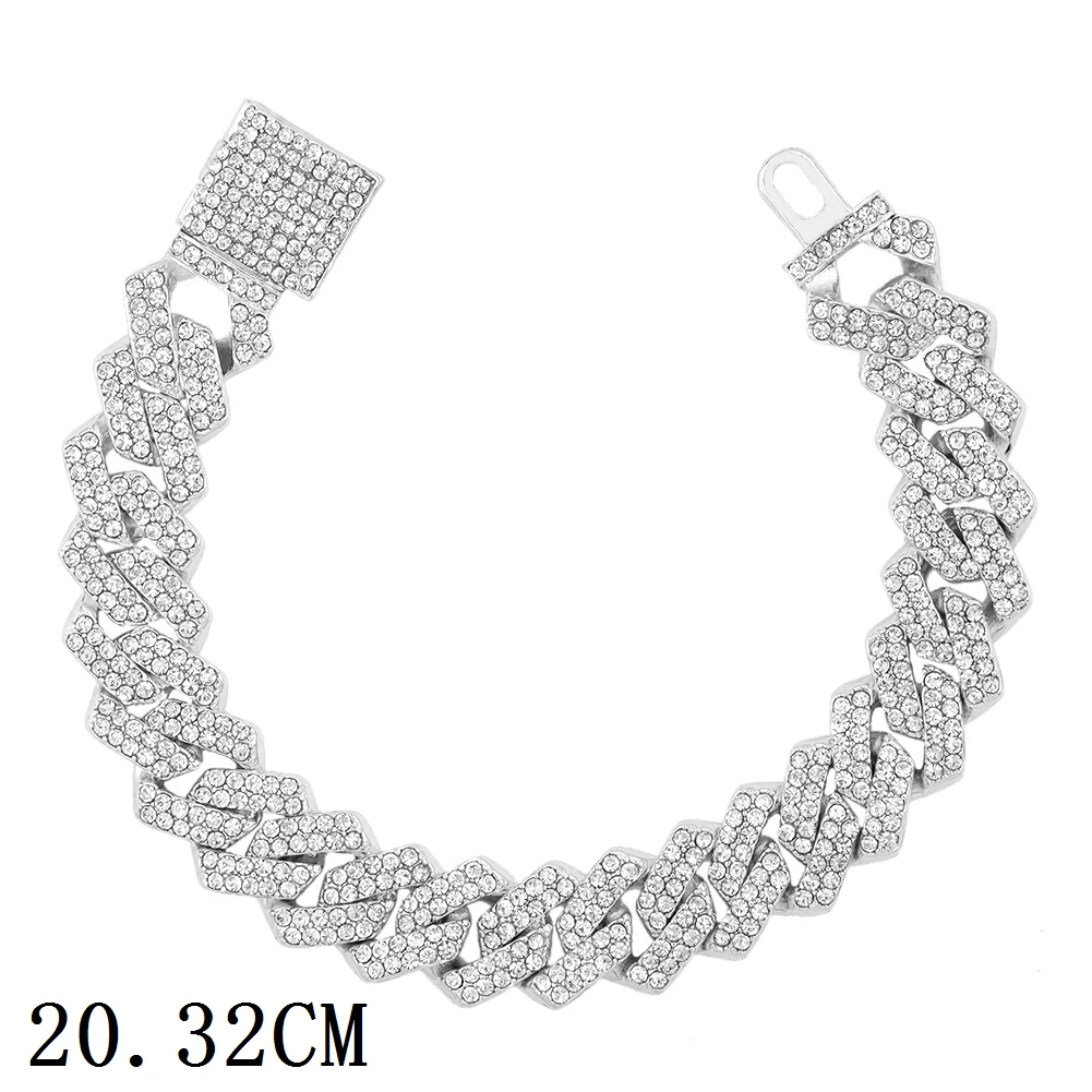New Fashion Luxury 12mm Iced Out Cuban Link Chain Bracelet for Women Men Gold Silver Color Bling Rhinestone Bracelet Jewelry 