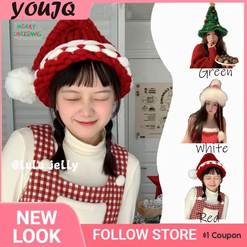 

Women's Christmas Dress Up Beanie Hat Photo Prop Party Dress Up Big Red Beanie New Year Big Tail Furball Warm Hat Bucket Hat