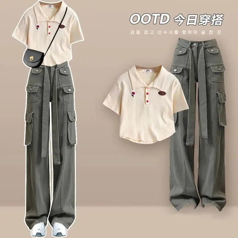 Summer Set Women's 2024 New Large Women's Fashion Design Polo Short Sleeves Versatile Casual Pants Two Piece Set