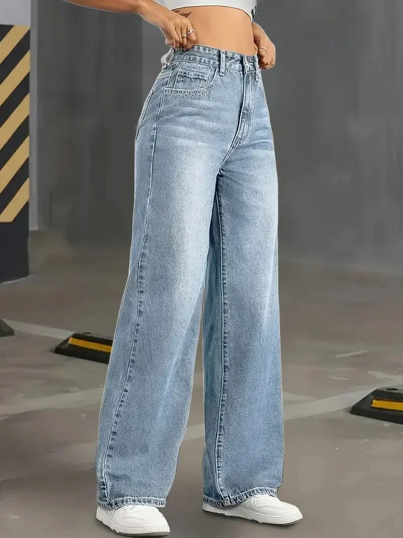 Y2k Jeans Jeans for Woman Classic Blue Elastic Straight Leg Simple Design Retro Style Stretchy Denim Trousers 2
