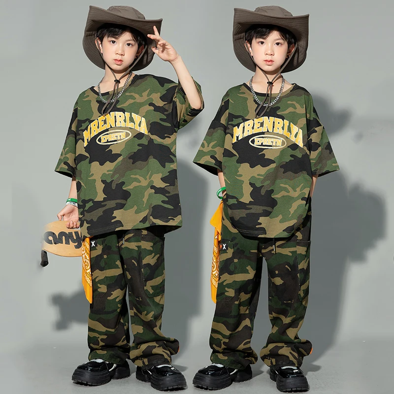 

Boys Camouflage T Shirt Pants Kids Cool Hip Hop Clothing Girls Jazz Dance Costume Kpop Outfit Street Dance Clothes SL8629