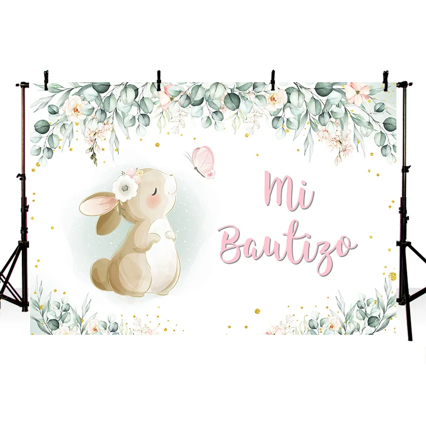 Photography Background Rabbit Bunny Flower Girl Mi Bautizo Christening God Bless Birthday Decor Backdrop Photo Studio