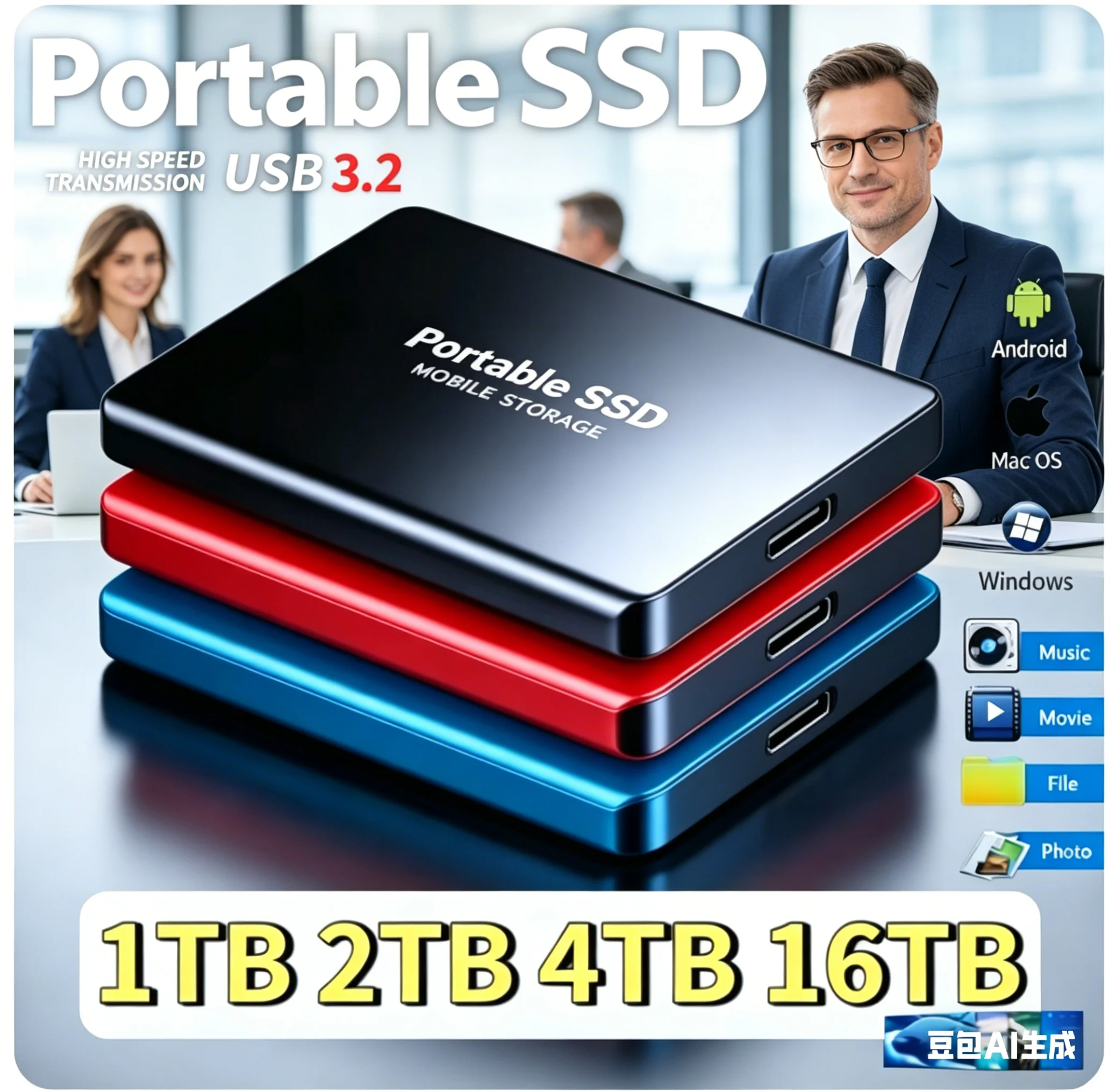 Unidad SSD Externa Turbo-Speed Elite Mini de 1 TB, USB 3.2, 16 TB/4 TB para Teléfono/Laptop/Mac/PC, Disco Rápido y Resistente de Última Generación 1