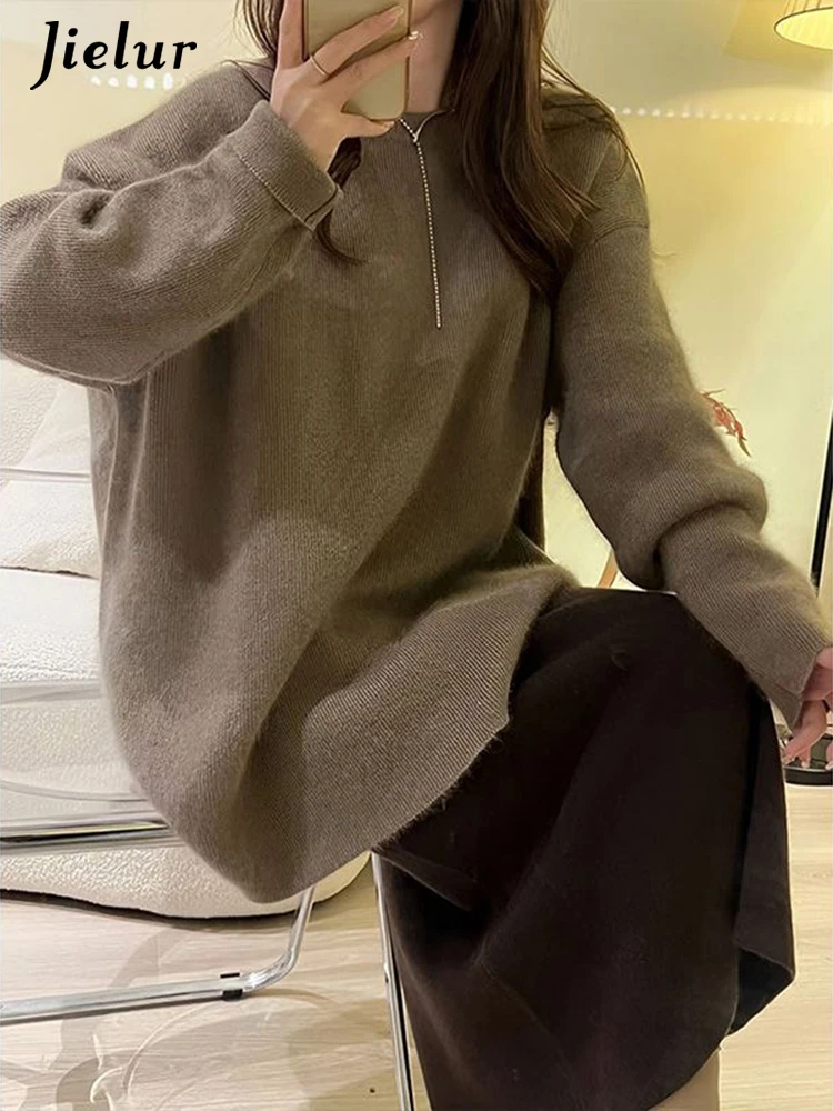 

Jielur New Loose Street Sweater Knitting Female Pullovers Autumn Chicly Basic Simple Casual Solid Color Fashion Women Pullovers