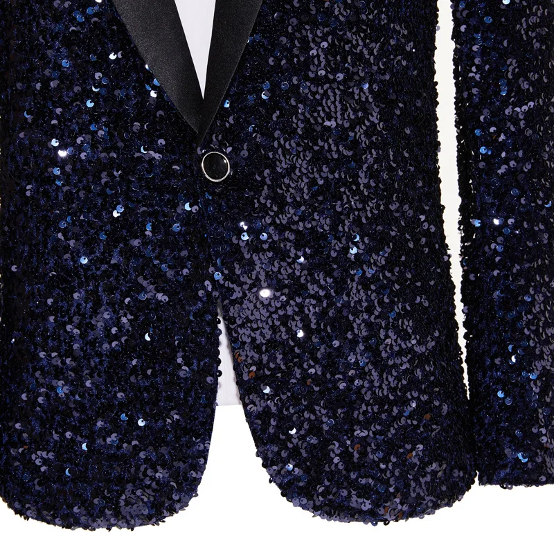 Mens Shiny Sequin Blazer Jacket Party Wedding Nightclub Glitter Shawl Lapel Tuxedo Blazer Navy Blue Stage Prom Dress Suit Jacket 6