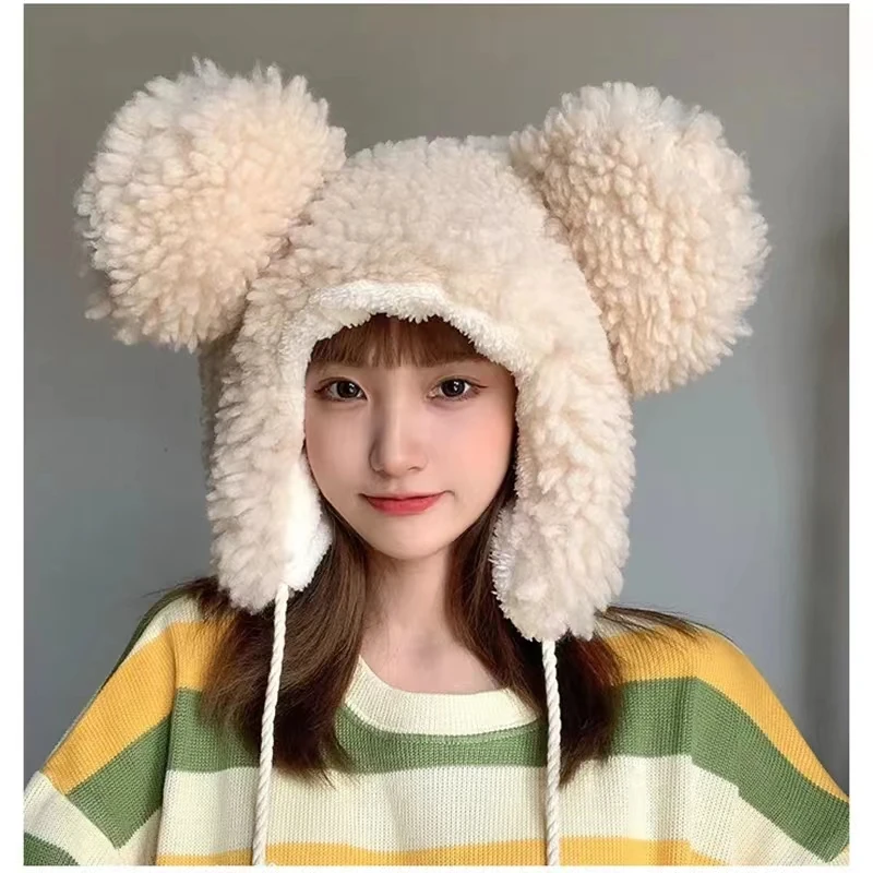 Women Winter Thicken Plush Warm Earflap Hat Cute Bear Ears Windproof Beanie Cap with drawstring Chin Strap 3