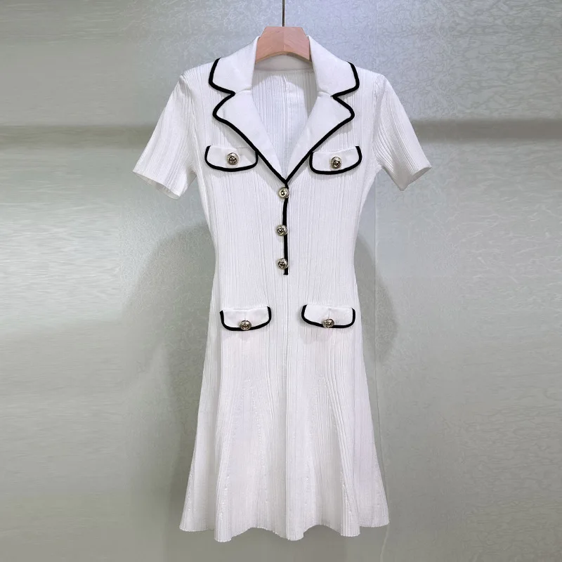Elastic Viscose Knitted Women Mini Dress Color Blocked Lapel Cinched Short A-line Lady Street Dress 2025 Spring New Style