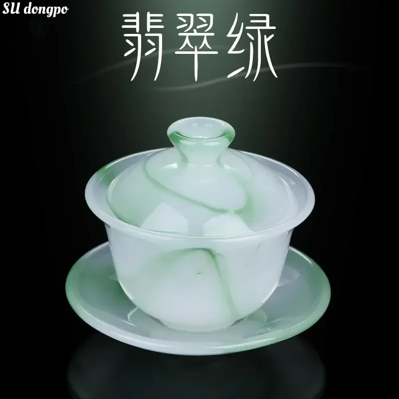 Emerald Green Jade Porcelain Gaiwan-Chufang Small Tea Tureen 100ml Sancai Cover Bowl Colored Glass Tea Cup for One Person