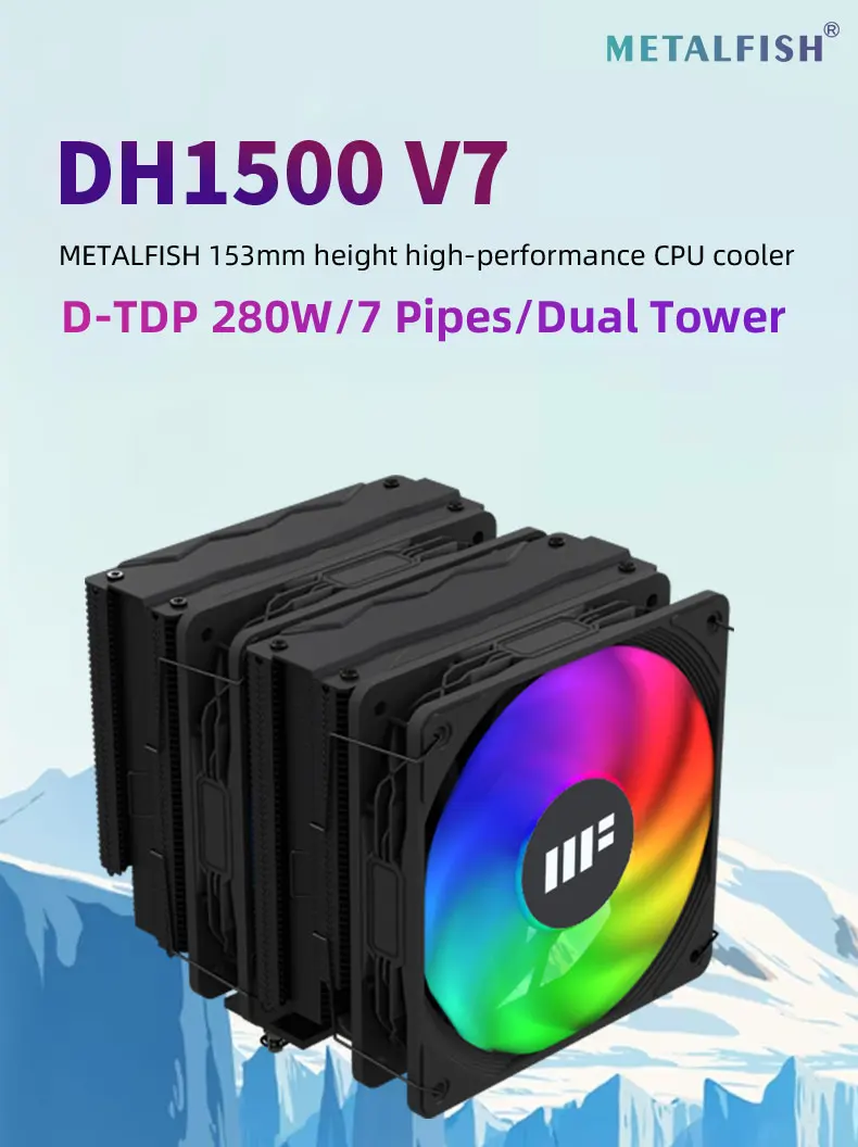 CPU Cooler 153mm height 7 HeatPipe TDP 280W Dual Towers Double Fan For Intel 185