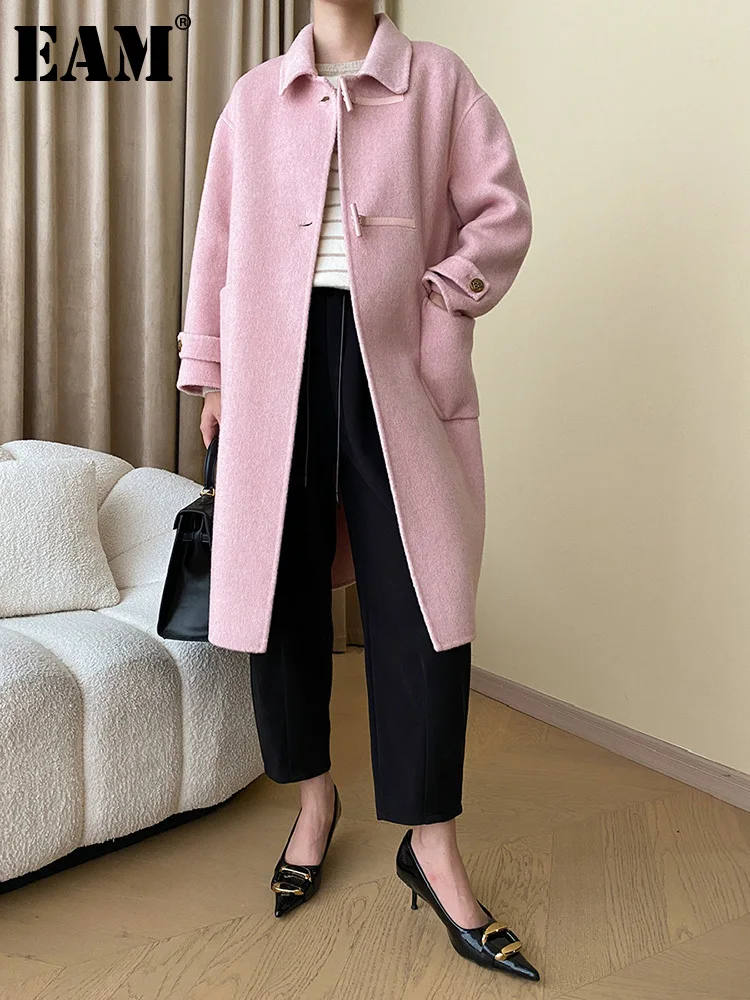 

[EAM] Gray Multi Color Big Size Woolen Coat New Lapel Long Sleeve Horn Button Women Jacket Fashion Autumn Winter 2023 1DH1660