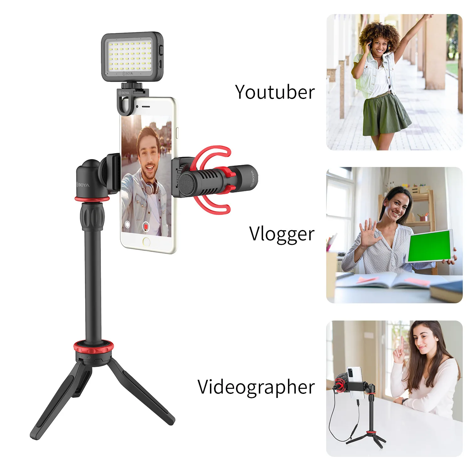 BOYA BY-VG350 샷 총 콘덴서 마이크 BY-MM1 + LED 라이트 삼각대 전화 키트 스마트 폰 아이폰 Vlogging 라이브 야외
