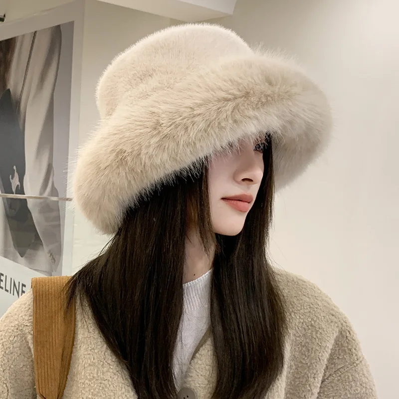 Bucket Hats Winter Hat for Women Faux Fur Fluffy Bucket Hat for Women Luxury Plush Thicken Snow Oversized Fur Bucket Soft Panama Cap