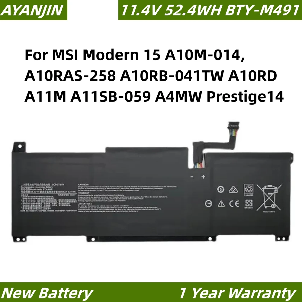 

BTY-M491 11.4V 52.4WH Laptop Battery For MSI Modern 15 A10M-014,A10RAS-258 A10RB-041TW A10RD A11M A11SB-059 A4MW Prestige14