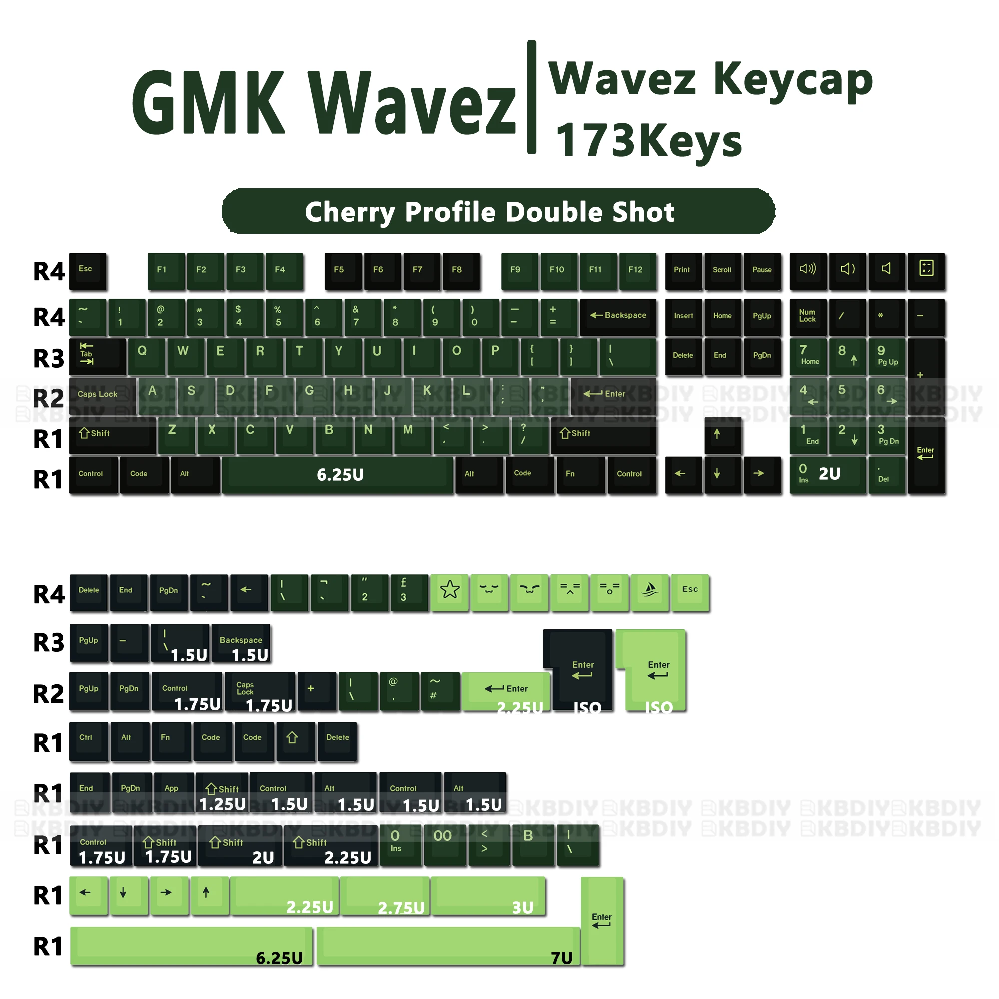 

KBDiy GMK Wavez Keycaps Cherry Profile PBT 173 Keys Double Shot DIY Custom MX Switches Green Keycap for Game Mechanical Keyboard