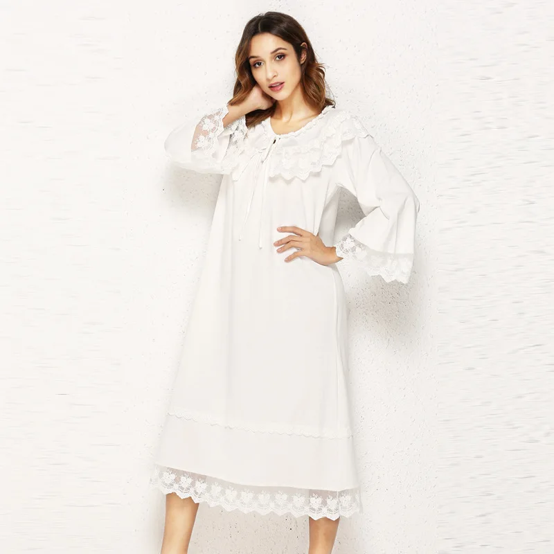 

Women Autumn Winter White Long Sleeve Vintage Nightgowns Victorian Cotton Night Dress Princess Sleepwear Romantic Peignoir Robe