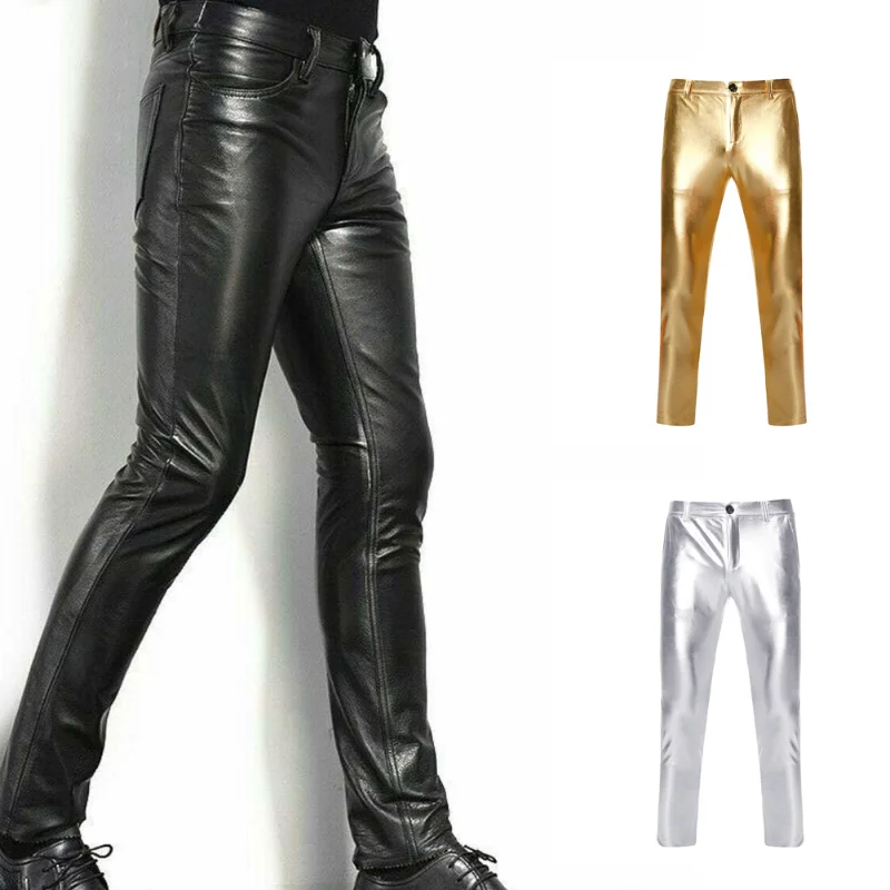 Mens Silver Shiny Pu Leather Pants Male Gold Coated Skinny Disco Party