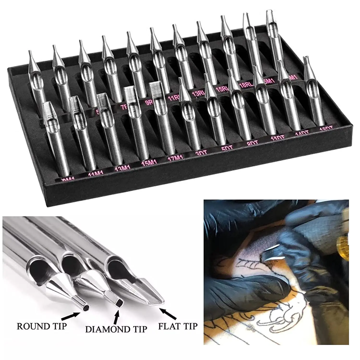 Disposable Tattoo Tips 22/11pcs Stainless Steel Tattoo Tips Set Mixed RT FT DT Round Flat Diamond Assorted Types Tattoo Tip Tube Kit for Machine