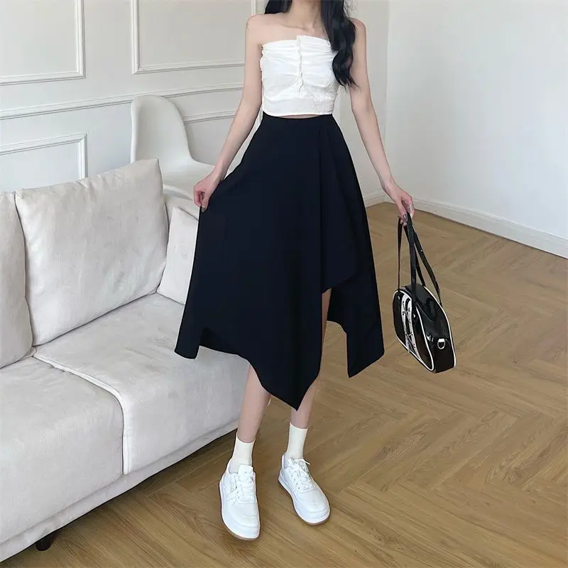 Black Irregular Skirt Women Spring Summer High Waist Thin Mid-length Umbrella Skirts Plus Size Bottoms Vintage Y2k Clothes