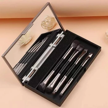 Set di Pennelli da Trucco a Doppia Estremità: Pennello per Ombretto, Pennello per Contorno, Pennello per Blush, Mini Pennello da Viaggio Portatile con Specchio