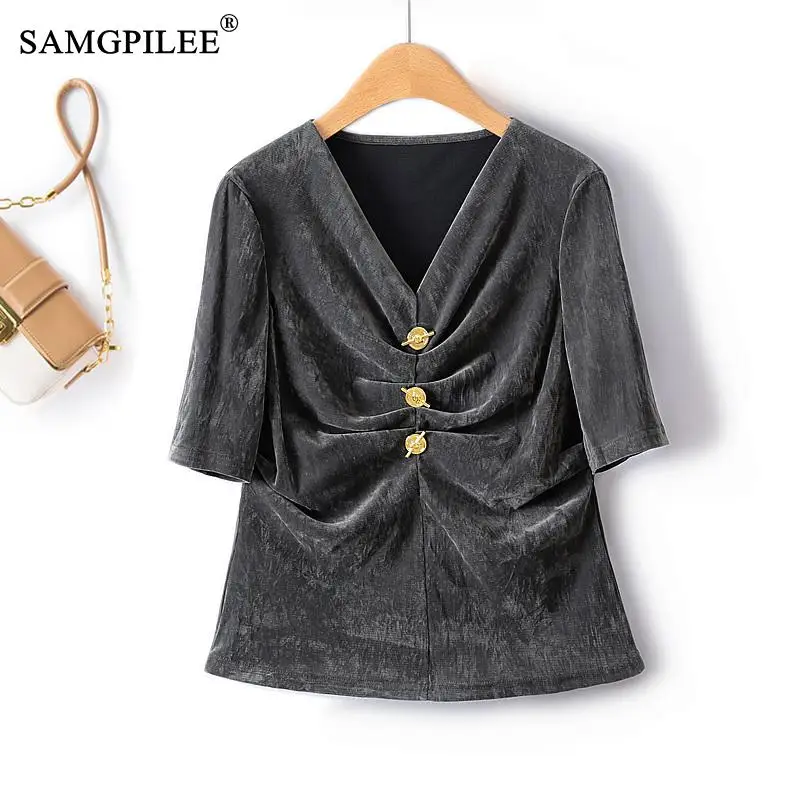 

Футболка женская с рукавом до локтя и V-образным вырезом