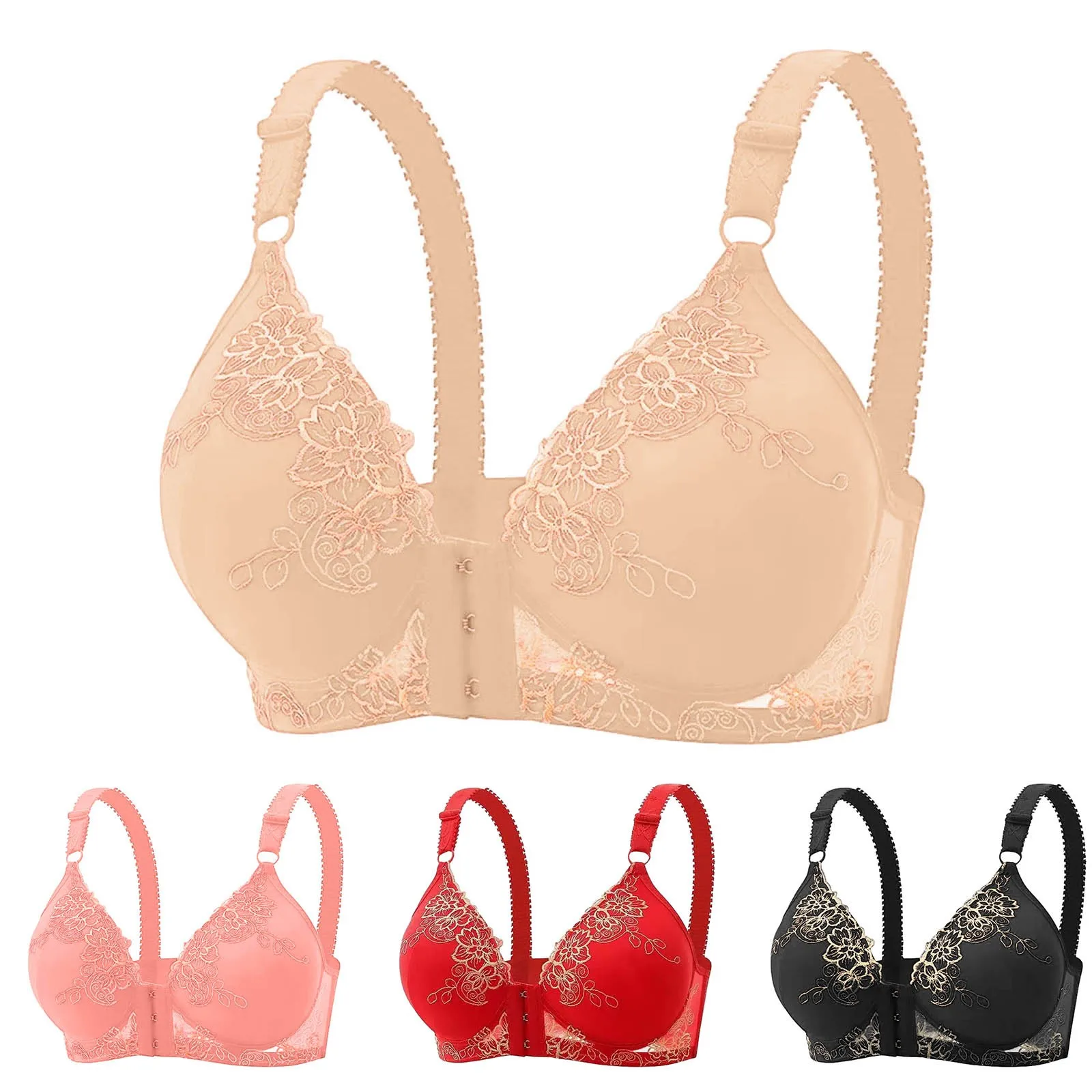 Women bra push up front side buckle lace edge bralette without steel ring seamless gathering adjustment strap