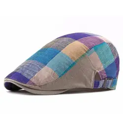 Multicolor Plaid Herringbone Beret - Lightweight Summer Newsboy Cap (Blue Plaid)
