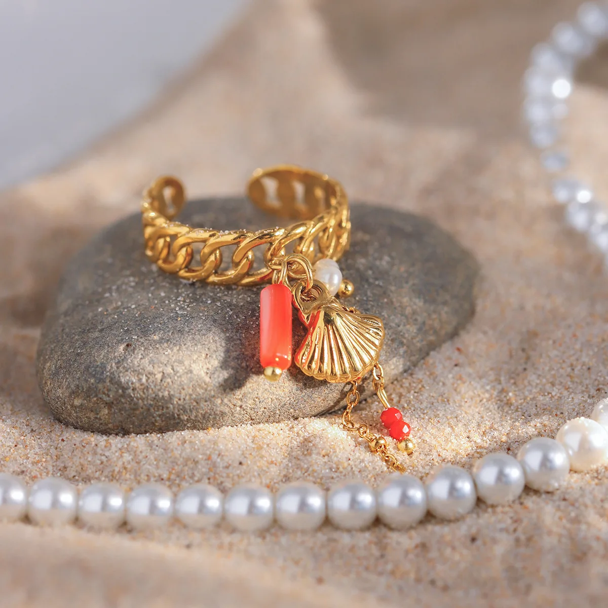 Personality Rock Tassels Chain Splicing Scallop Shell Open Ring Imitation Pearl Red Beads Knuckle Ring Daily Versatile Jewelry