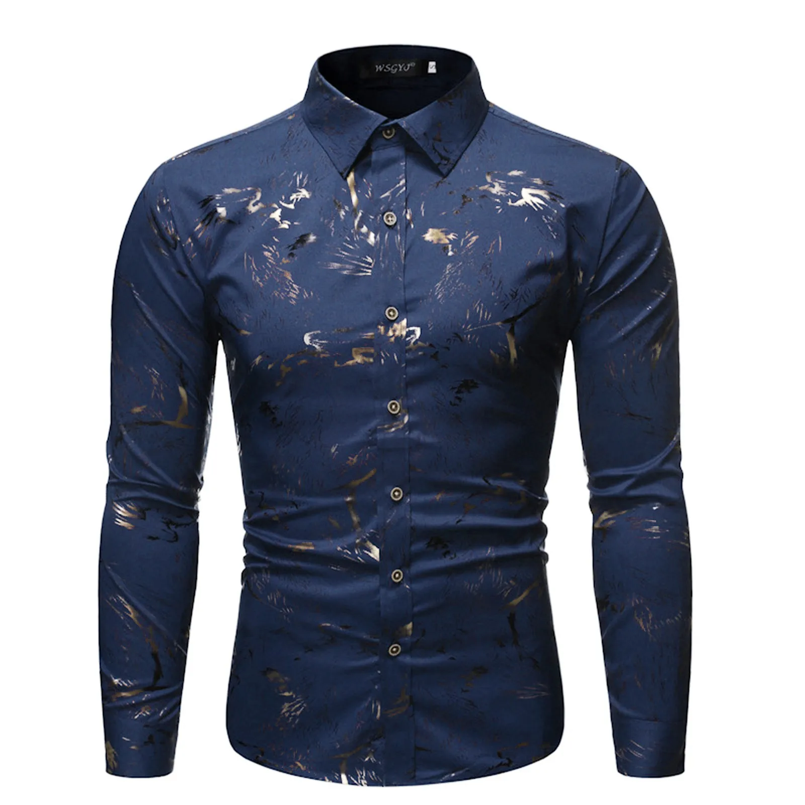 

Men's Fashion Casual Shirts Blouses Lapel Regular Fit Long Sleeve Top Shirt Luxury Button Bronzing Printed Casual Male Shirts