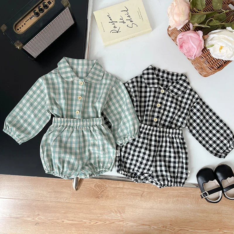 

Children Clothing Set Korea Style Boys and Girls Baby Plaid Shirt and Shorts Casual Simple Spring Summer 2023 Two Piece Set