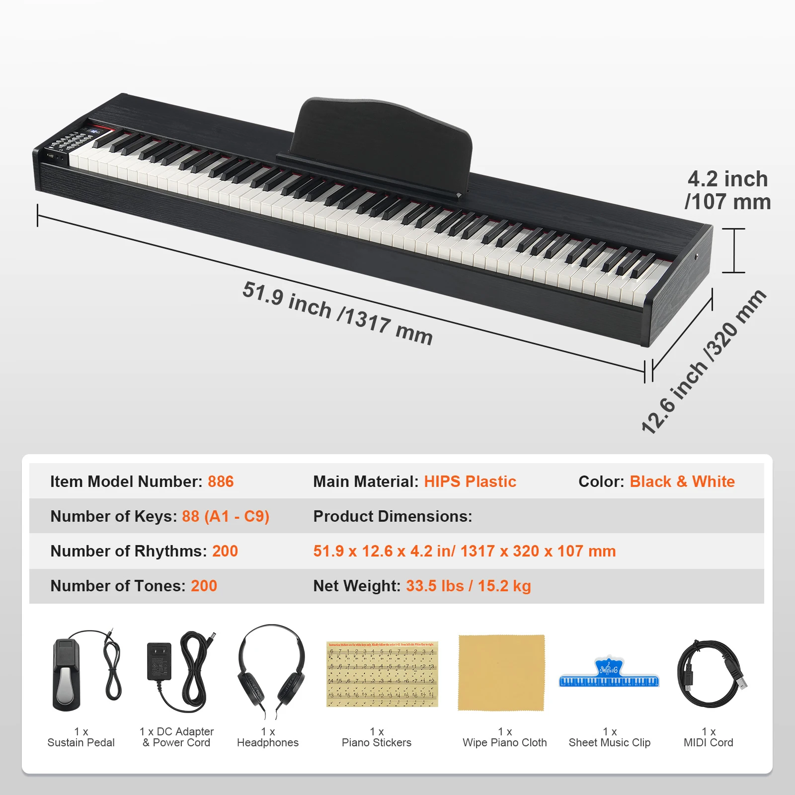 VEVOR  Digitalpiano, 88 Tasten, Elektrisches Klavier, Doppeltastatur und Lautsprecher mit Sustain-Pedal, Kopfhörer, 200 Töne und Rhythmen, unterstützt Bluetooth/USB/MIDI, für Anfänger und Lehrer