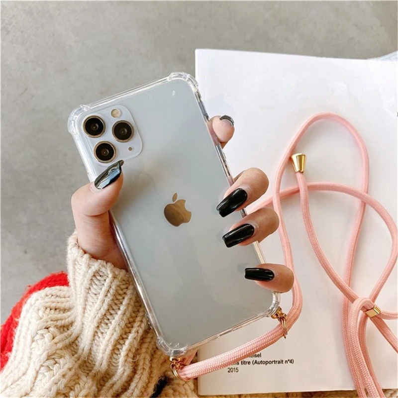 크로스 바디 목걸이 코드 매는 밧줄 iPhone 15 12 14 7 8 Plus X XR XS 11 Pro Max 13 MiNi 13 Pro SE 3 용 투명 소프트 폰 케이스