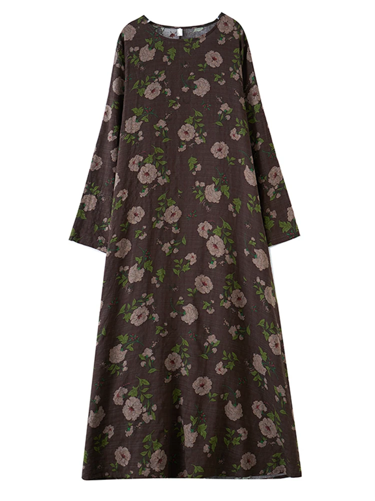 Cotton Vintage Print Long Sleeve Dress Women Autumn Casual Loose Dresses Office Lady Work Femme Robe Vestidos Elegant Clothing