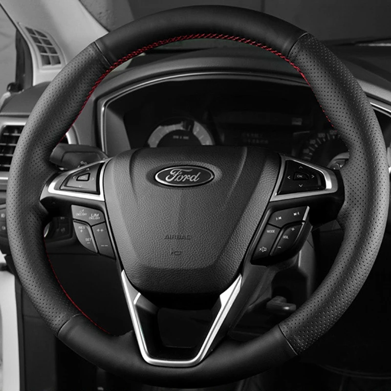 

Для Ford Fusion Mondeo 2013 2014 EDGE 2015 2016 Сшитый вручную черный чехол на рулевое колесо из натуральной кожи
