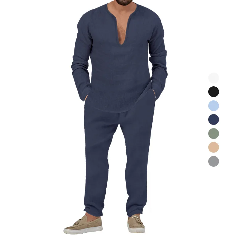 Mens Waffle Long Sleeved Lapel V-neck Top Drawstring Pants Tracksuits 2Pcs Set Outfit Long Sleeve Pants Suit Casual Clothing Set