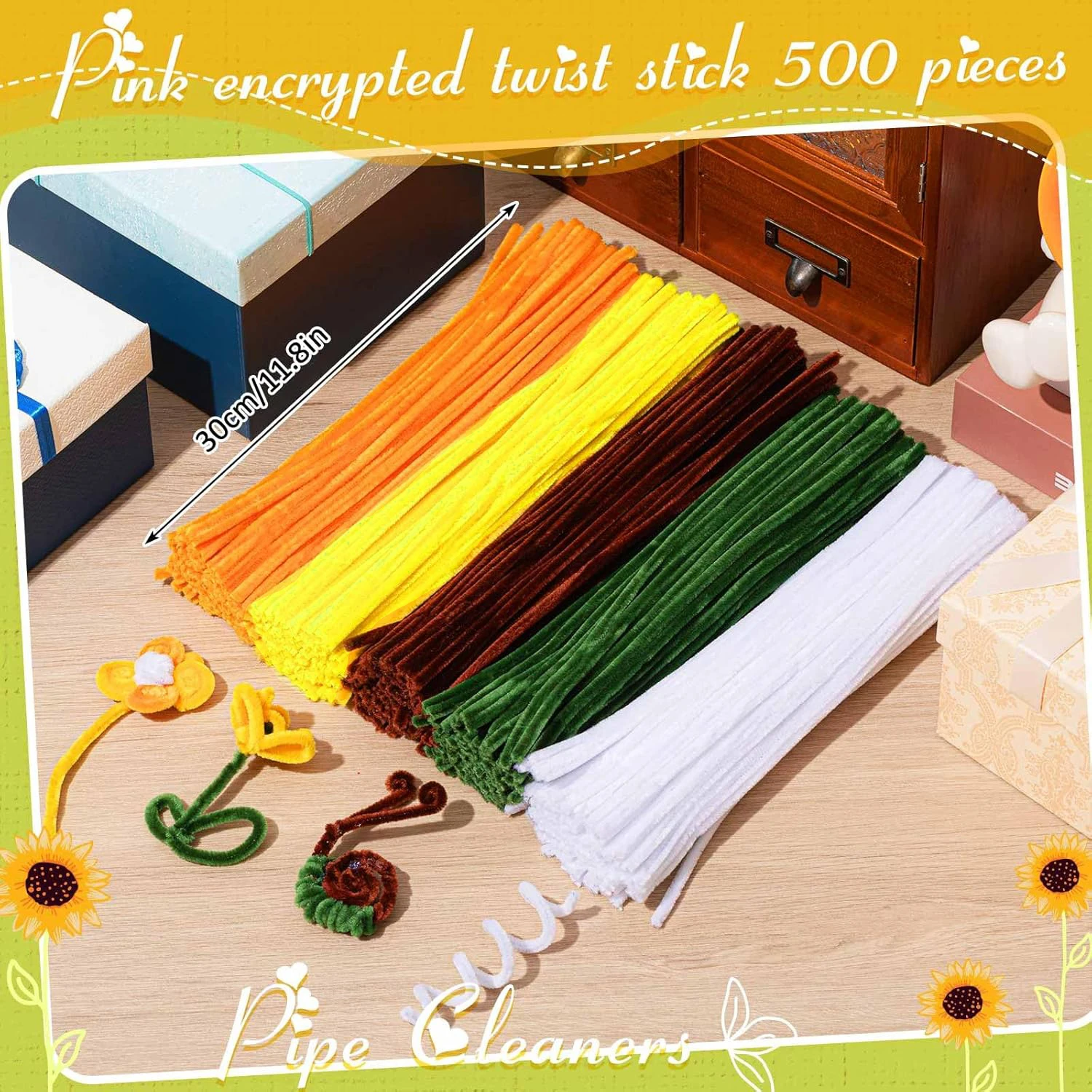 500 Pcs Pipe Cleaners Craft Kit For Flower Making - Includes 20 Stems, 100 Stamens, Ribbon, Tulle, Glue & Guide