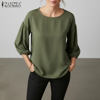 ZANZEA Plus Size 5XL Casual Blouses Woman Lantern Sleeves Round Neck High-Low Tops Spring Minimalist Solid Color Blusas de Mujer
