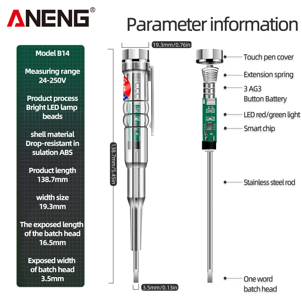 ANENG B14 1/2PCS 범용 24-250V 테스터 전기 유도식 전기 드라이버 (표시등, 소리 및 조명 알람 펜 포함)
